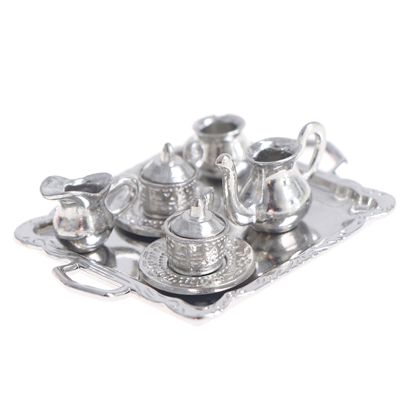 Coffee Tea Stand - 10pcs/Set 1/12 Dollhouse Miniature Silver Metal