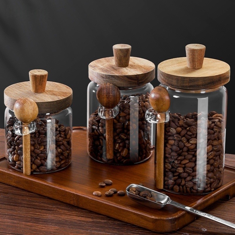 ABJI-Glass Jar With Wooden Lid - Coffee Tea Jar Set avaliação e preço