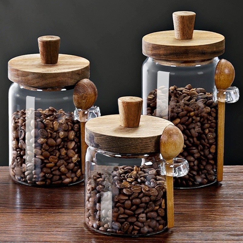 ABJI-Glass Jar With Wooden Lid - Coffee Tea Jar Set avaliação e preço